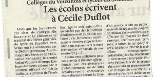 Collèges du Vouzinois et lycées du Sedanais Les écolos écrivent à Cécile Duflot