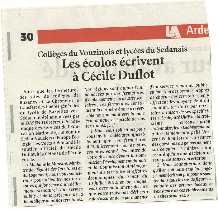 Collèges du Vouzinois et lycées du Sedanais Les écolos écrivent à Cécile Duflot
