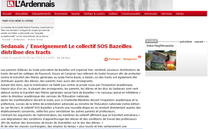 Sedanais / Enseignement Le collectif SOS Bazeilles distribue des tracts