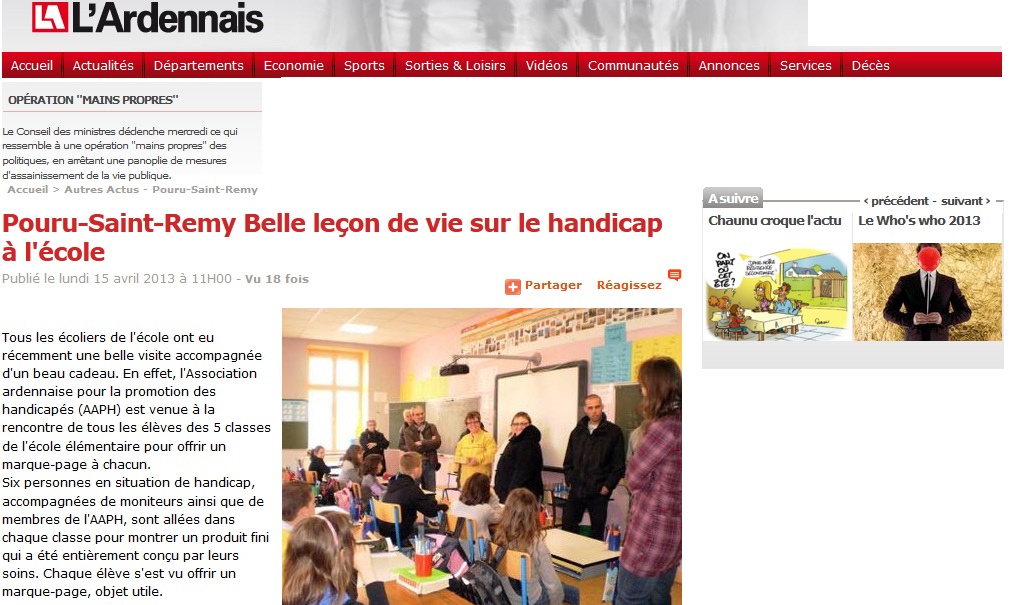 Pouru-Saint-Remy Belle leçon de vie sur le handicap à l'école