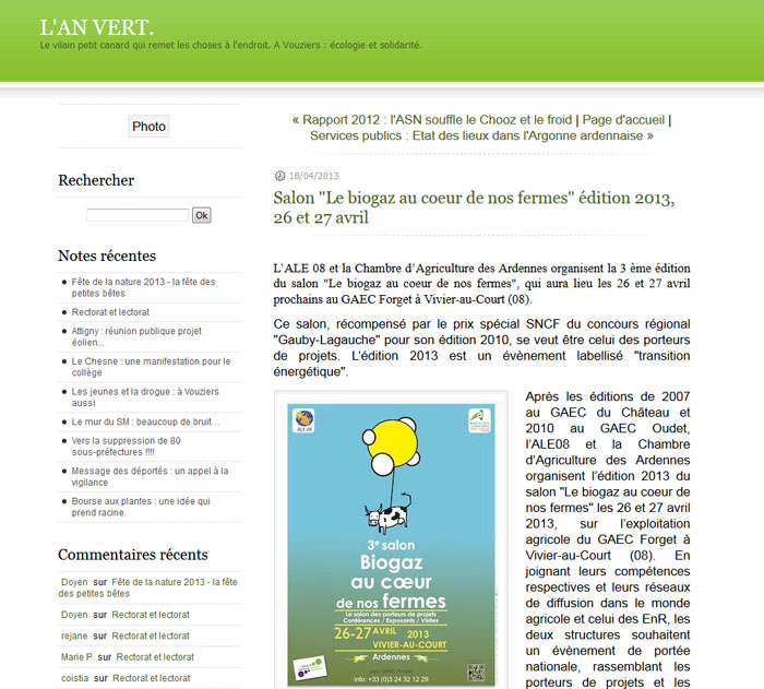 Salon "Le biogaz au coeur de nos fermes" édition 2013, 26 et 27 avril