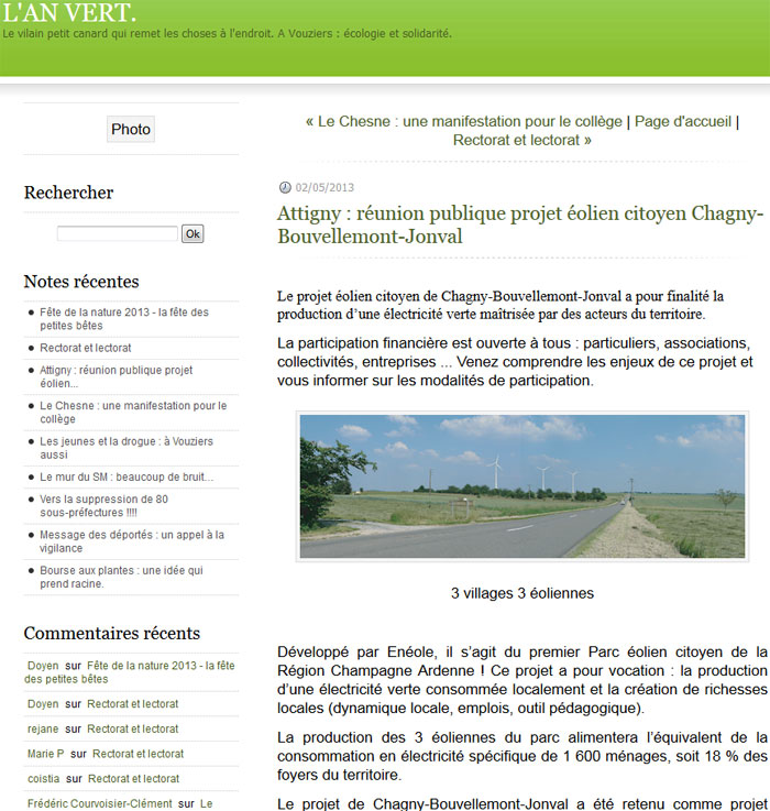 Attigny : réunion publique projet éolien citoyen Chagny-Bouvellemont-Jonval